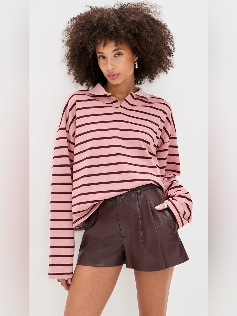 Lioness Rebels Jersey Burgundy Blush Stripe Long Sleeve Polo Top Size XS